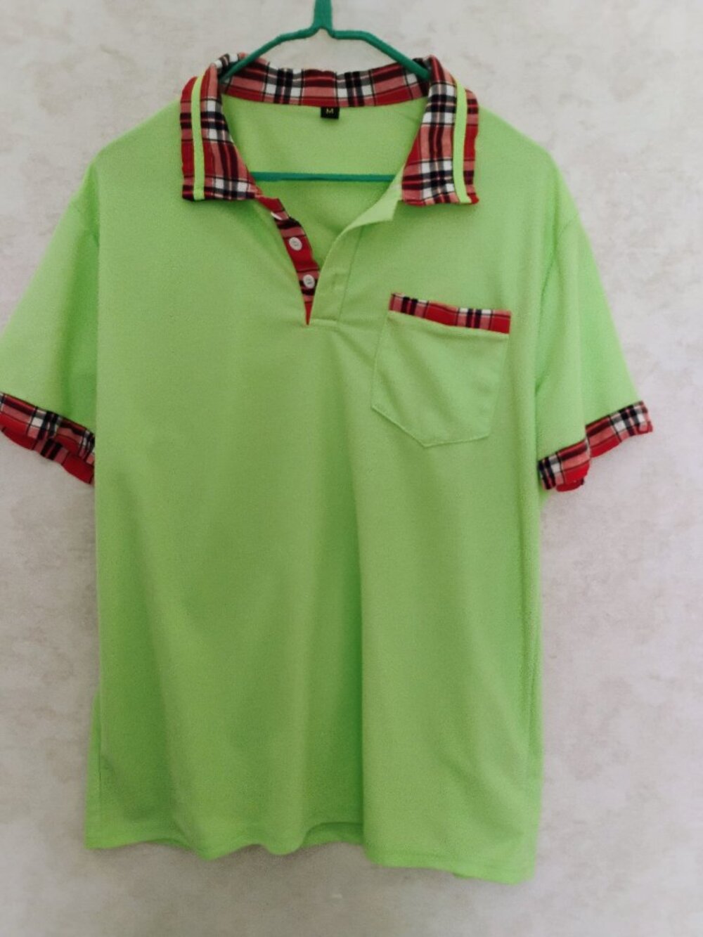 Neon Green Polo with Plaid Trim Accents men's Size Medium